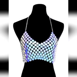 NEW Women's Holographic Discs & Silver Chain Cropped Chainmail Halter Sz SMALL